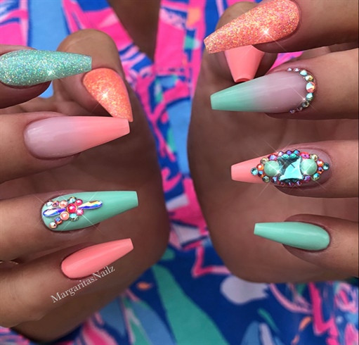 Summer Coffin Nail Designs
 Summer Ombré Bling Coffin Nails Nail Art Gallery