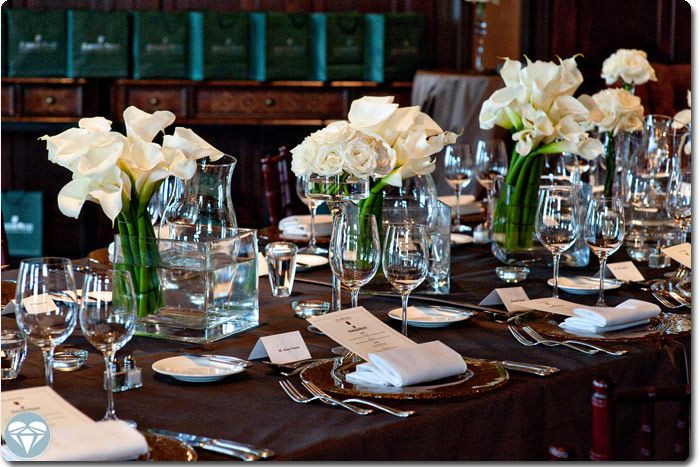 Table Decoration Ideas For Dinner Party
 chocolate brown tablecloth white florals perfectly