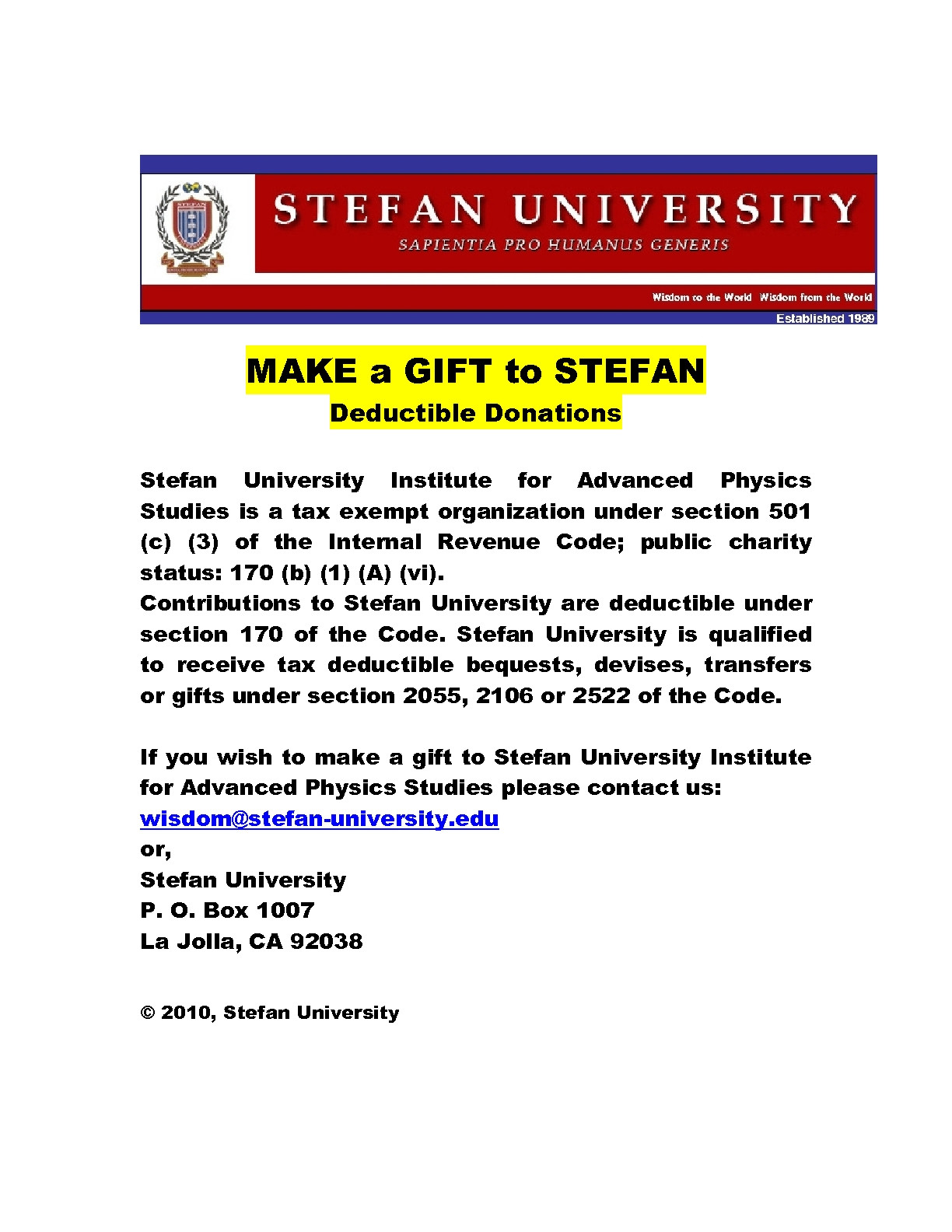 Tax Deductible Gifts To Child
 The STEFAN UNIVERSITY
