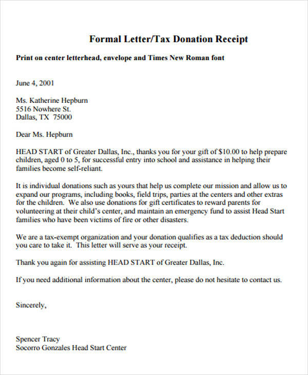Tax Deductible Gifts To Child
 Donation Letter Examples