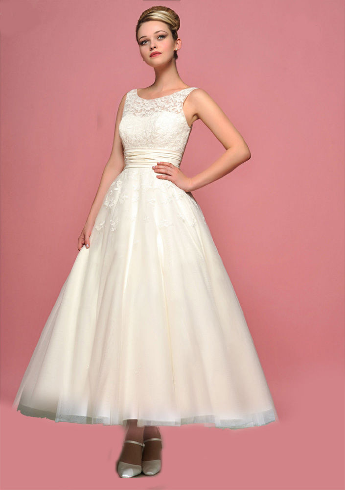 Tea Length Wedding Dresses
 2015 White Ivory A line lace Tea Length Bridal dress