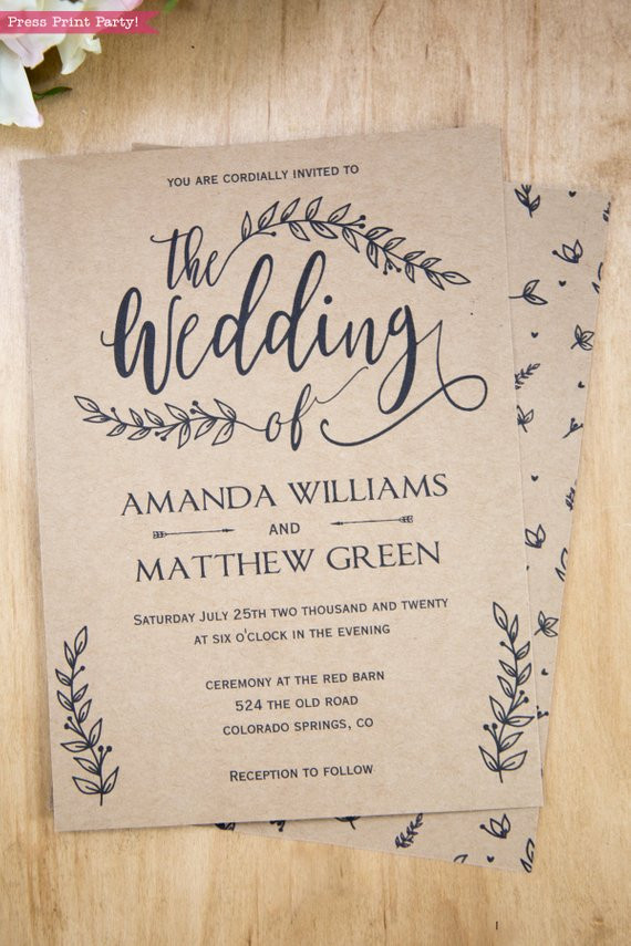 Template For Wedding Invitations
 Rustic Wedding Invitation Printable Leaf Design & Decor
