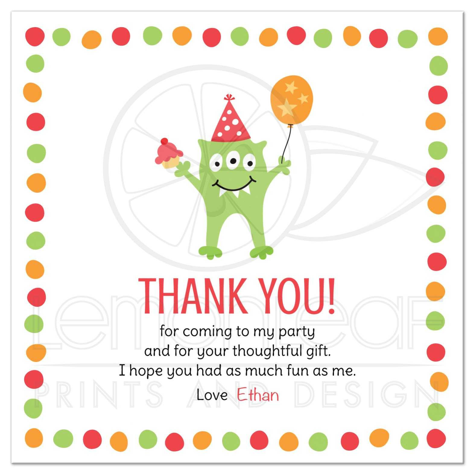 Thank You For Coming To My Birthday Party Kids
 Monster with three eyes balloon and party hat birthday
