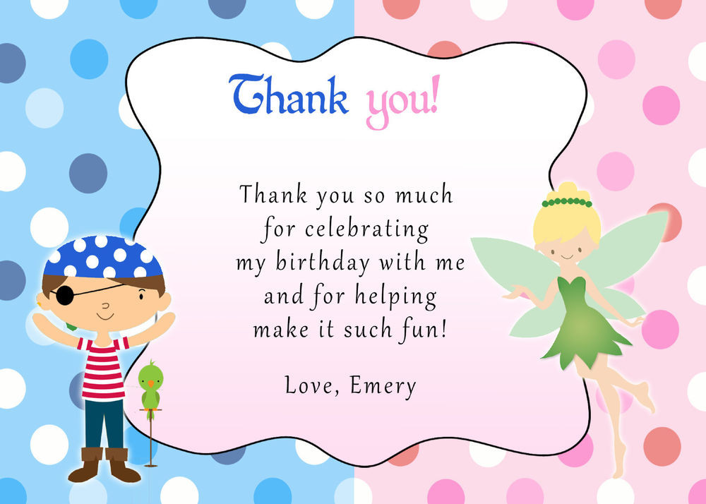 Thank You For Coming To My Birthday Party Kids
 30 Cards Pirate Fairy Personalized Thank You Notes Pink