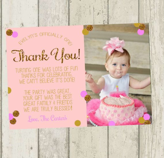 Thank You For Coming To My Birthday Party Kids
 First Birthday Thank you Card Aqua Pink & Silver Glitter