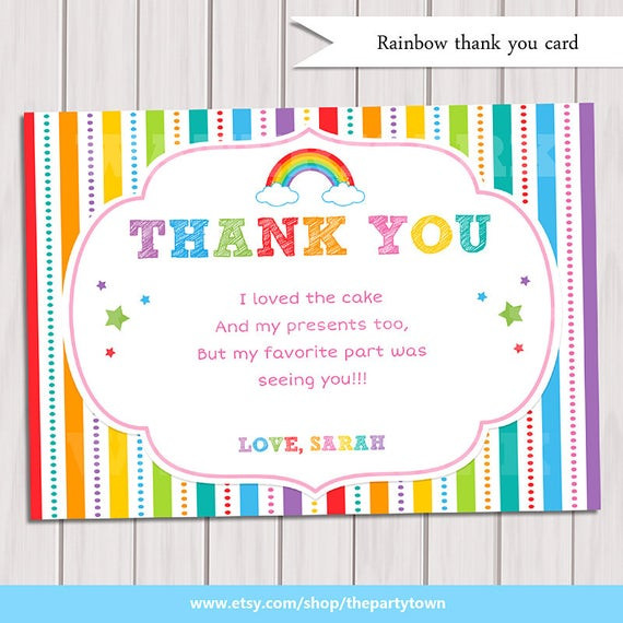 Thank You For Coming To My Birthday Party Kids
 Items similar to Rainbow Thank you card Rainbow