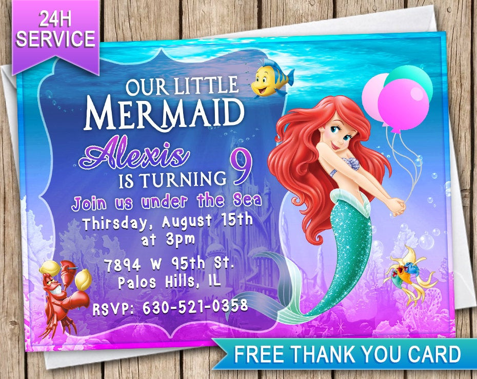 The Little Mermaid Birthday Invitations
 Little mermaid Ariel Birthday invitation card invite Birthday