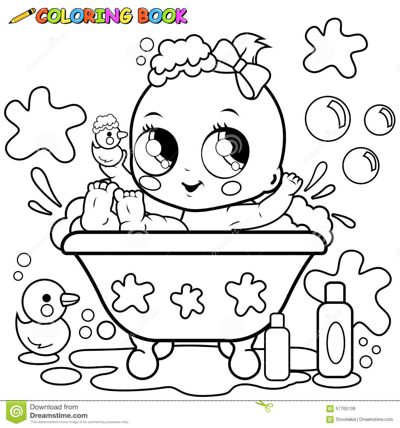 Toddler Girl Coloring Pages
 Baby Girl Taking A Bath Coloring Page Stock Vector