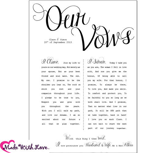 Traditional Vows For Wedding Ceremony
 Wedding Vows printed with your personal wording Perfect