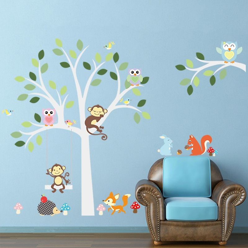 Tree Decals For Kids Room
 Jungle Wild Owls Monkey Animal Forest White tree wall