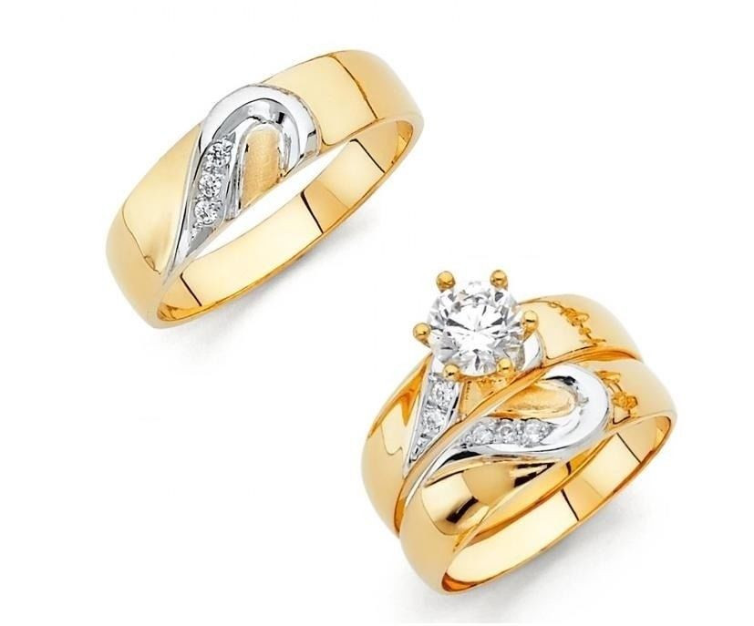 Trio Wedding Ring Sets
 14K Two Tone Gold Matching Hearts Simulated Diamond Trio
