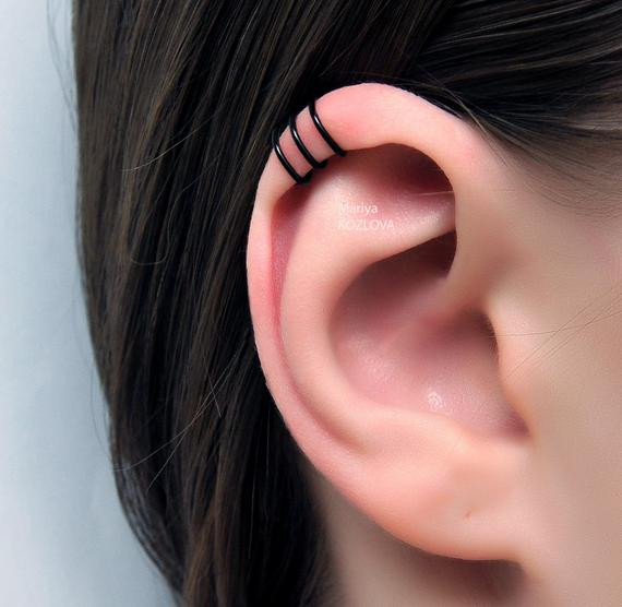 Triple Helix Earrings
 Black Three Rows Cartilage Upper Ear Cuff triple by