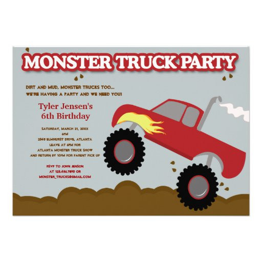 Truck Birthday Invitations
 Monster Truck Birthday Party Red Gray Colors 5x7 Paper