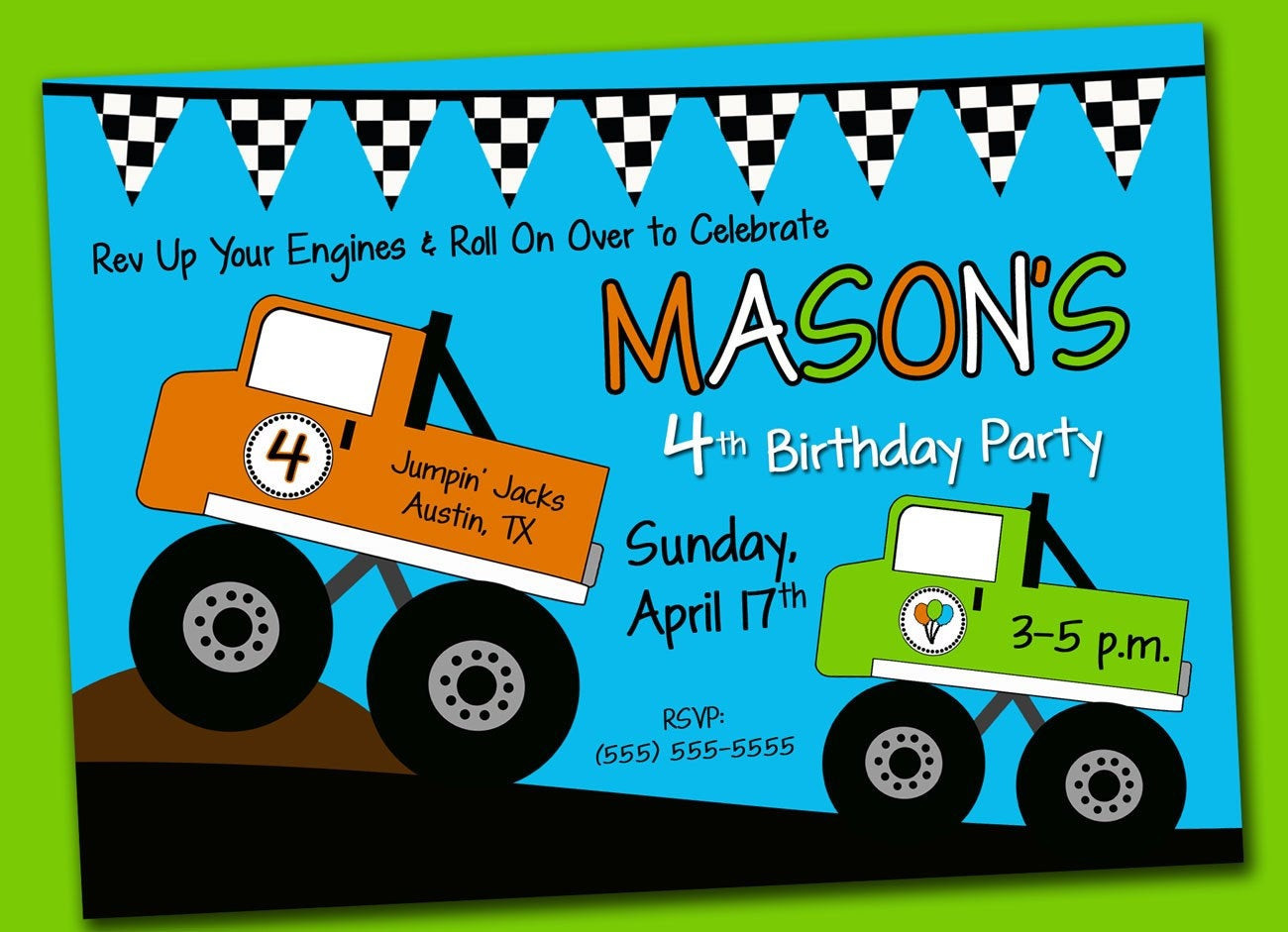 Truck Birthday Invitations
 Printable Digital Monster Truck Birthday Party Invitation