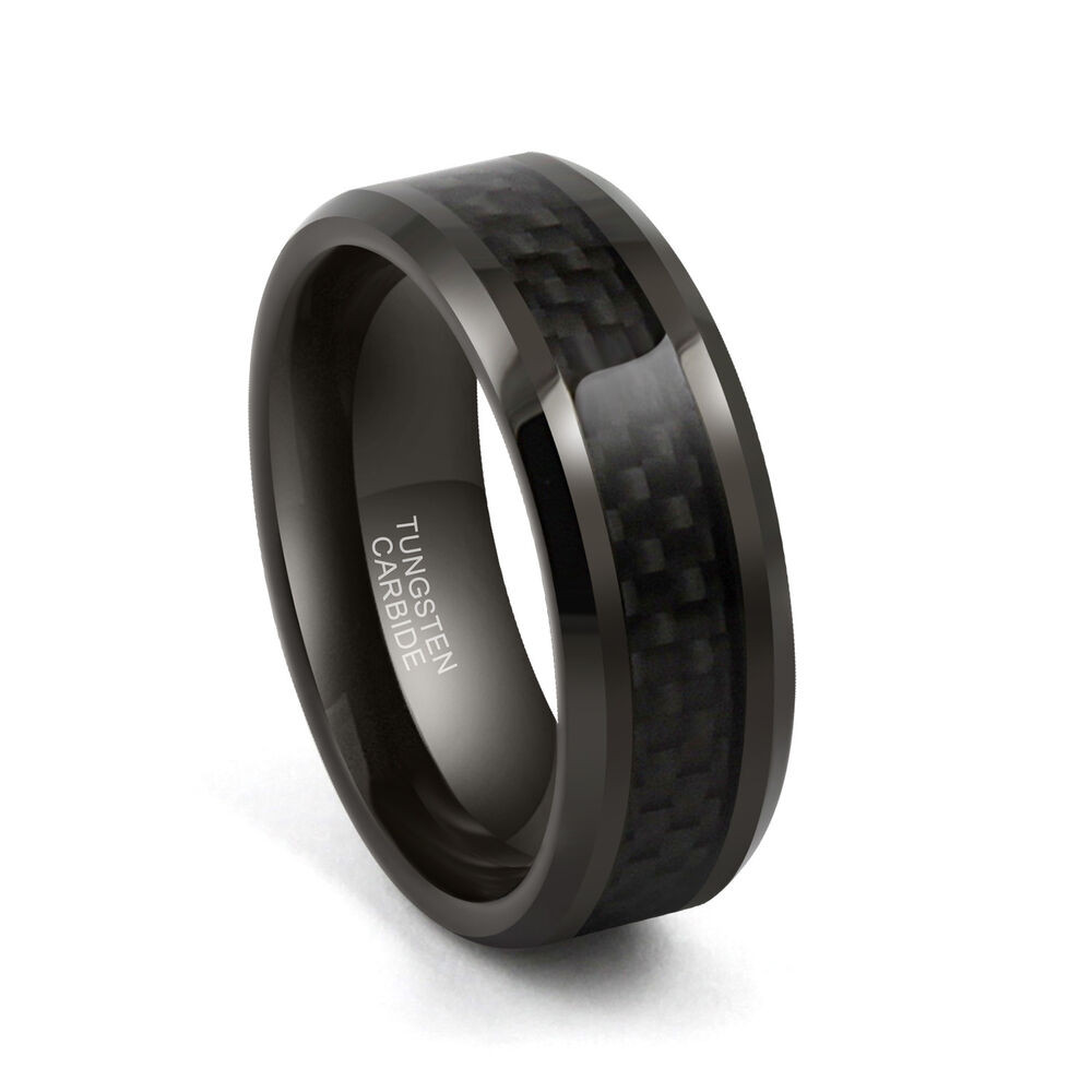 Tungsten Carbon Fiber Wedding Bands
 8mm Tungsten Carbide Carbon Fiber Black Plated Mens