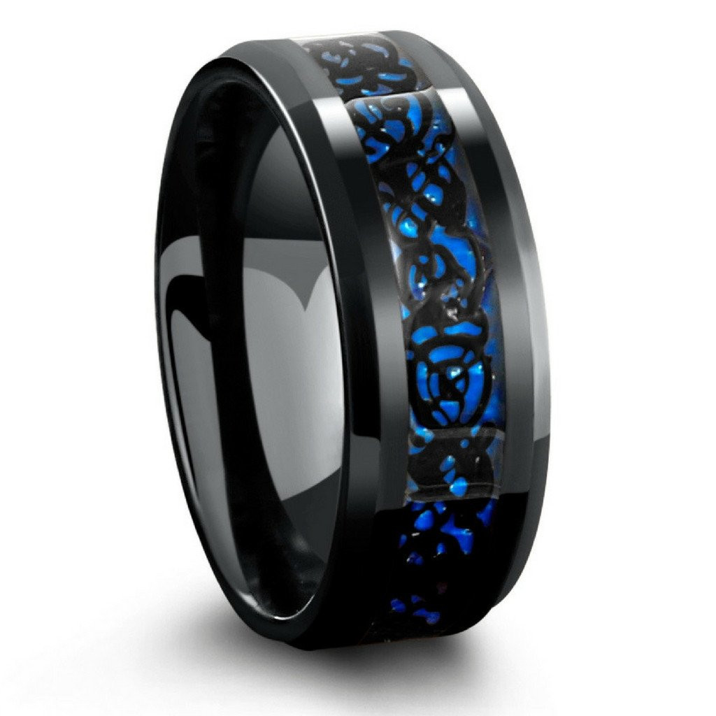 Tungsten Carbon Fiber Wedding Bands
 8mm Black Celtic Tungsten Wedding Band With Blue Carbon