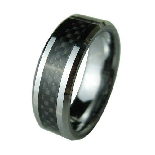 Tungsten Carbon Fiber Wedding Bands
 Black Carbon Fiber Beveled Tungsten Carbide Men Women Ring