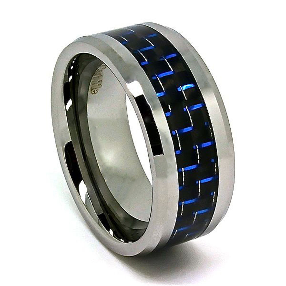 Tungsten Carbon Fiber Wedding Bands
 10mm Tungsten Carbide Black & Blue Carbon Fiber Wedding