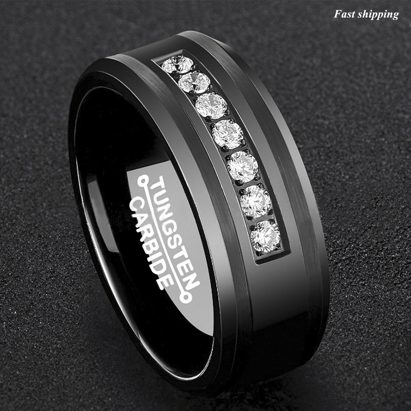 Tungsten Wedding Bands For Men
 8Mm Black Tungsten Carbide Ring Diamonds Inlay fort Fit