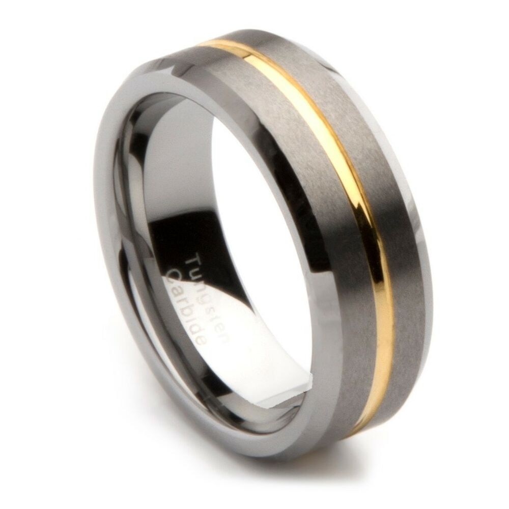 Tungsten Wedding Rings
 Mens Tungsten Carbide Gold Grooved Wedding Band 8mm