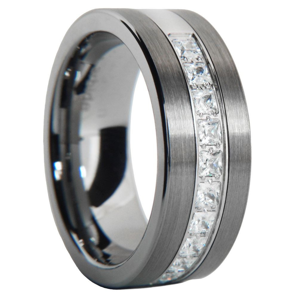 Tungsten Wedding Rings
 Brushed Tungsten Carbide Princess Cut CZ Men Women Wedding