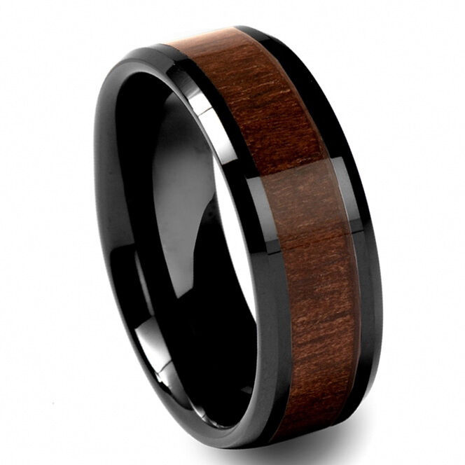 Tungsten Wedding Rings
 Black Tungsten Carbide Mens Walnut Wood Inlay 8MM Beveled