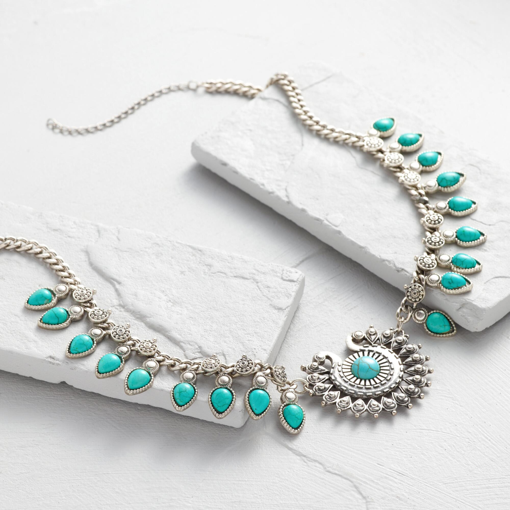 Turquoise Stone Necklace
 Silver and Turquoise Stone Statement Necklace