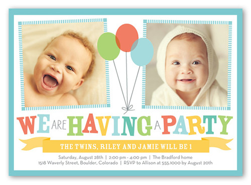 Twin First Birthday Invitations
 Bright Balloons Twin Birthday Invitation