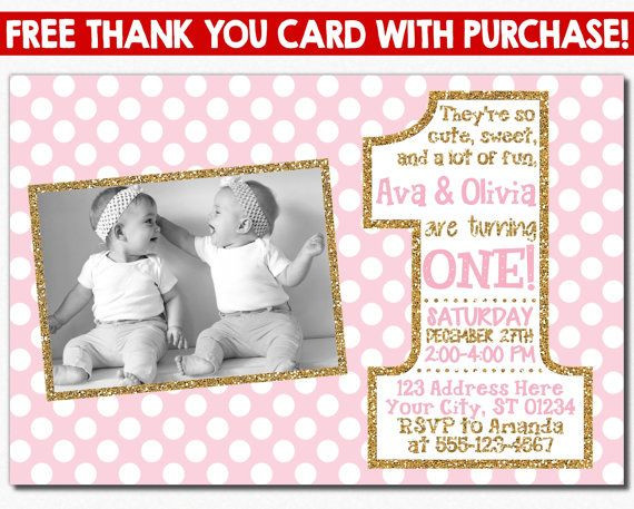 Twin First Birthday Invitations
 Pink and Gold Twins First Birthday Invitation with