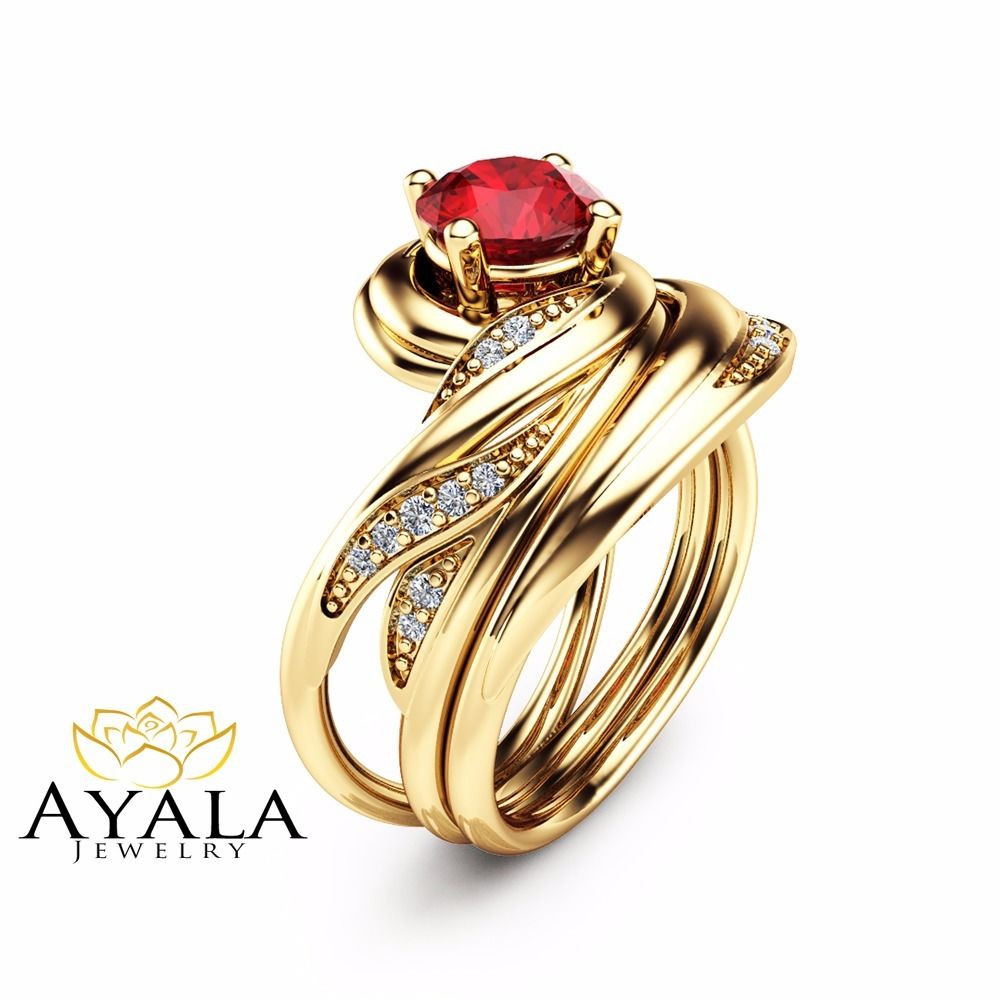 Unique Wedding Ring Sets
 Unique Ruby Wedding Ring Set in 14K Yellow Gold Vintage