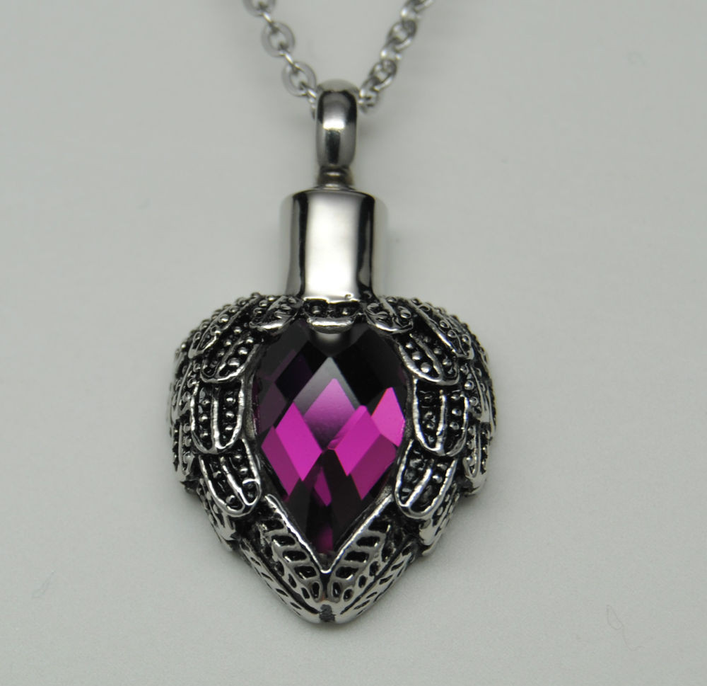 Urn Pendant Necklace
 PURPLE WINGS HEART CREMATION URN NECKLACE ANGEL WINGS