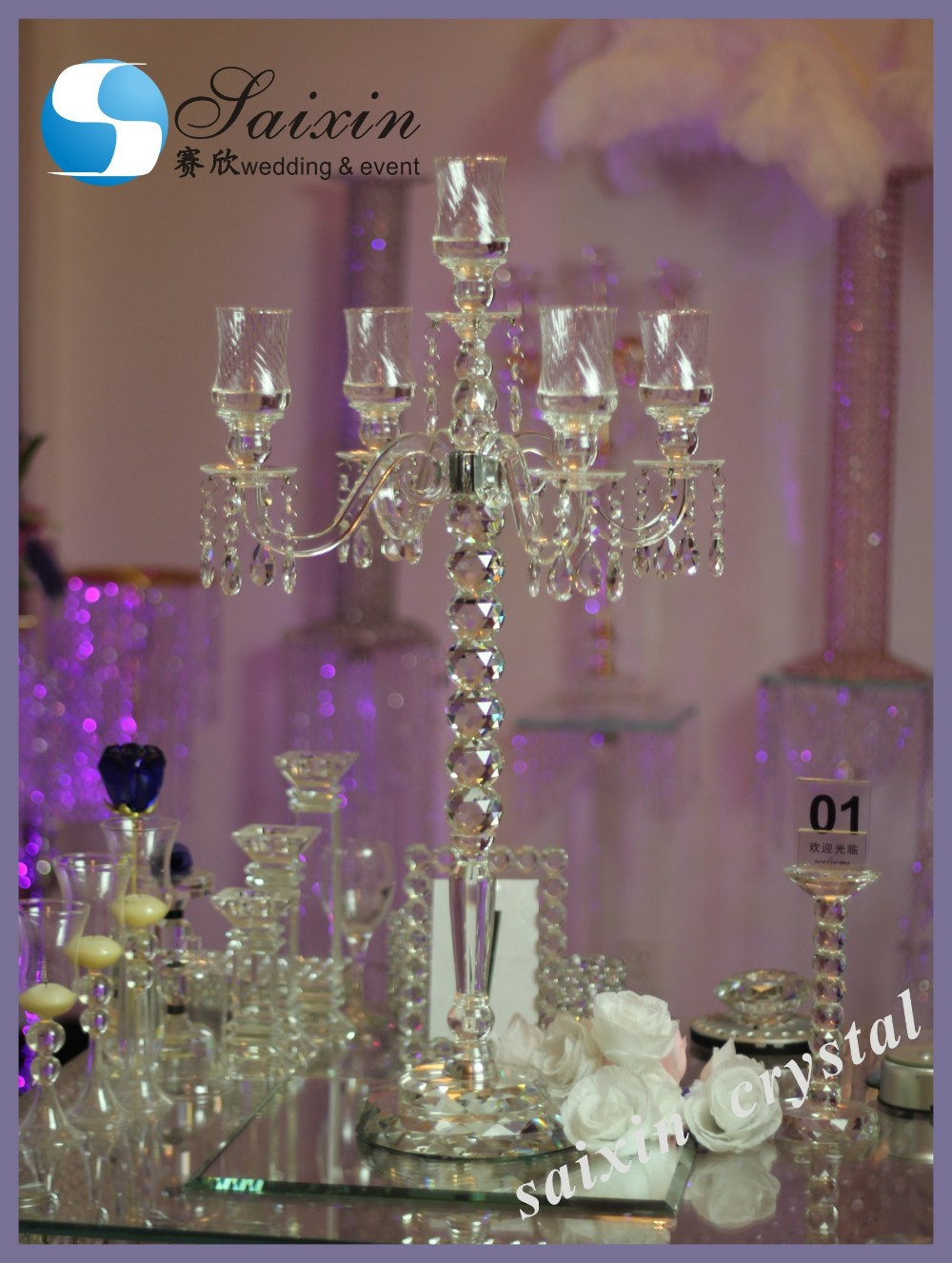 Used Wedding Reception Decorations
 5 Arms clear crystal candle stand used wedding ZT 101