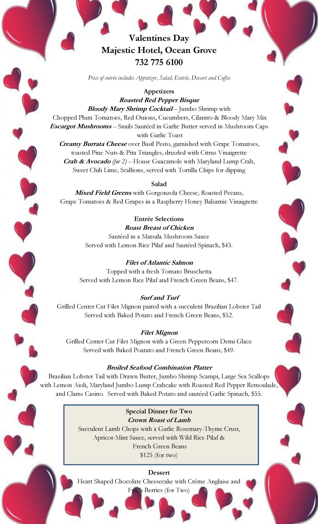 Valentine Dinner Menus
 The Majestic News Archives The Majestic Hotel Ocean