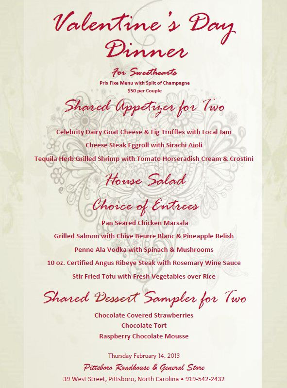 Valentine Dinner Menus
 Valentine s Day Dinner for Sweethearts at the Pittsboro
