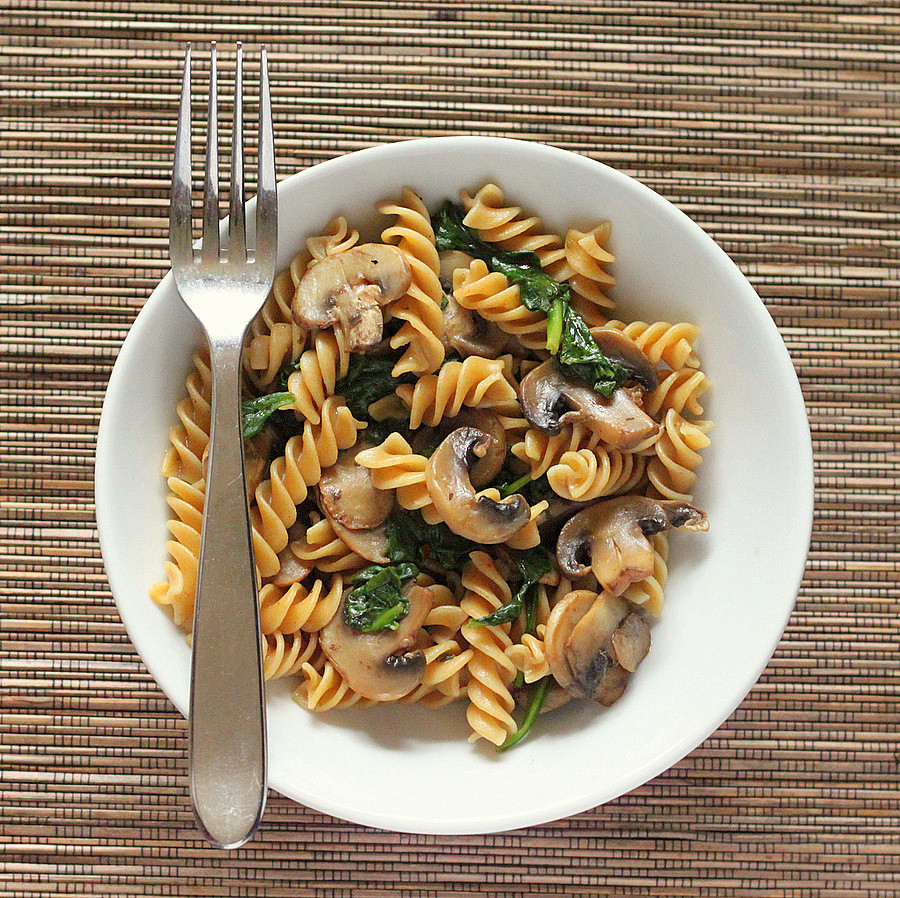 Vegan Mushroom Pasta Recipes
 Whole Grain Fusilli with browned Mushrooms and Spinach