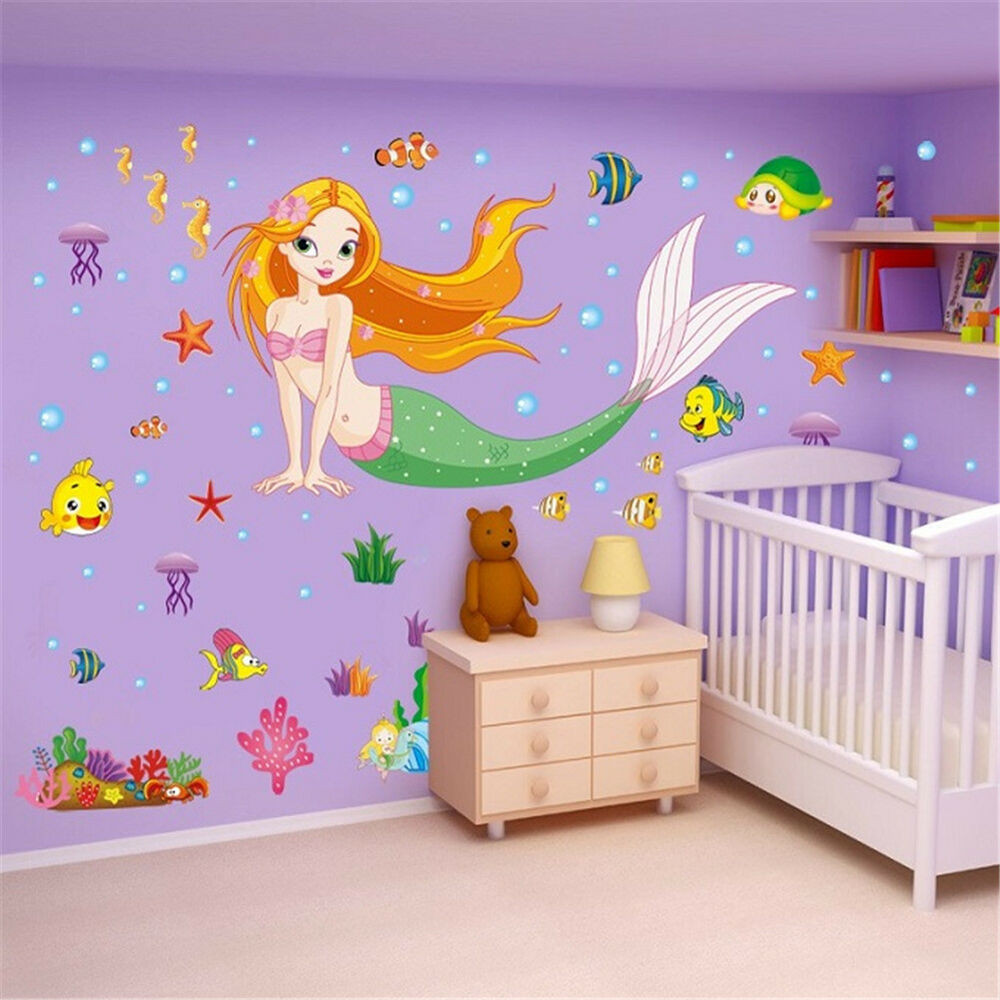 Wall Sticker For Kids Room
 Mermaid Cartoon Removable Decals Wall Stickers Mural Art