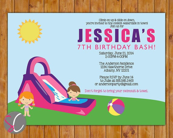 Water Birthday Party
 Waterslide Birthday Party Invite Girl s Pink Purple Pool