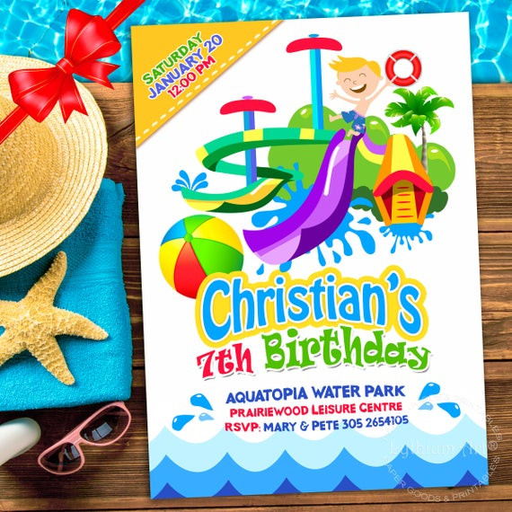 Water Birthday Party
 WATERPARK Party Invitation Water Slide Invitation Water Park
