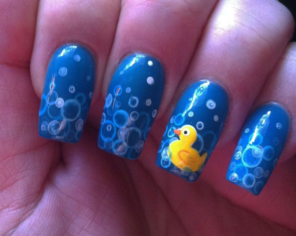 Water Bubble Nail Art
 Rubber duck nails For the bubbles mix water with white