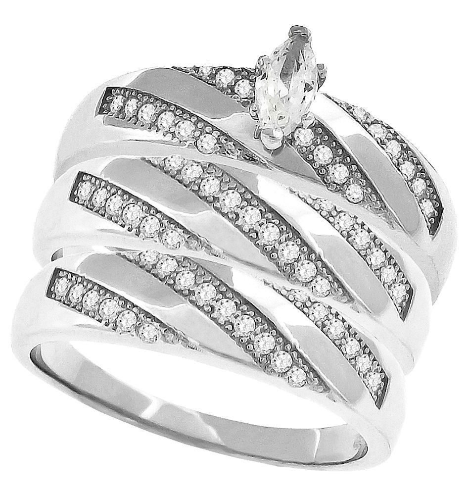 Wedding Band Sets For Bride And Groom
 Sterling Silver MarquisTrio Wedding Ring Set For Bride and