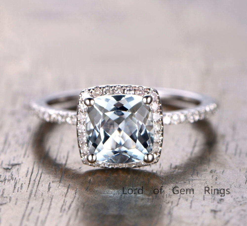 Wedding Bands For Halo Rings
 Cushion Cut Aquamarine Engagement Ring 14K White Gold