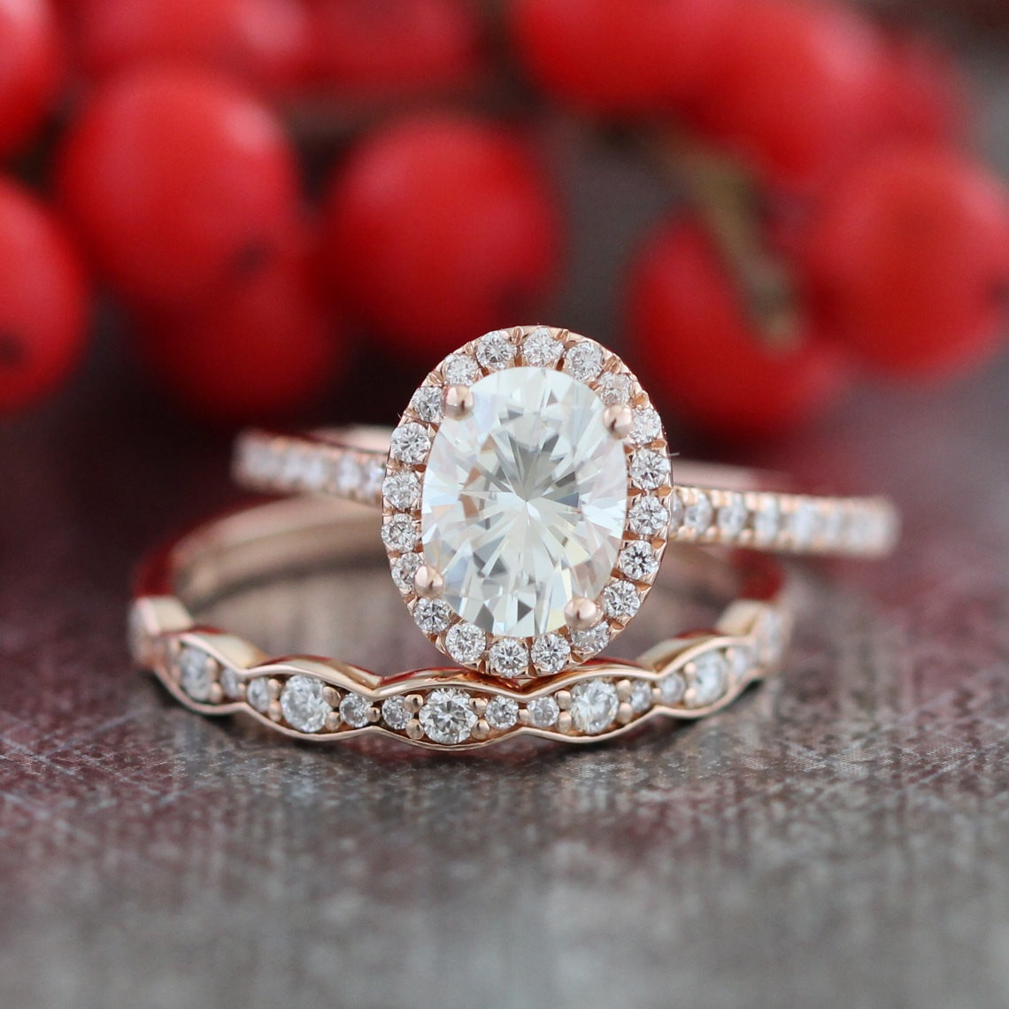 Wedding Bands For Halo Rings
 Halo Diamond Moissanite Engagement Ring 14k Rose Gold and