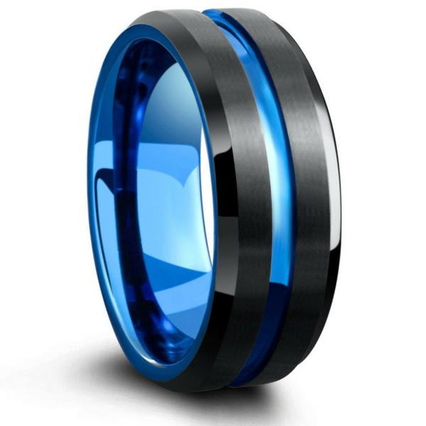 Wedding Bands For Men Tungsten
 Mens Tungsten Wedding Band With Carved Blue Channel