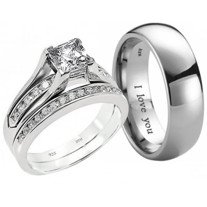 Wedding Bands Sets His And Hers
 New His And Hers Titanium 925 Sterling Silver Wedding