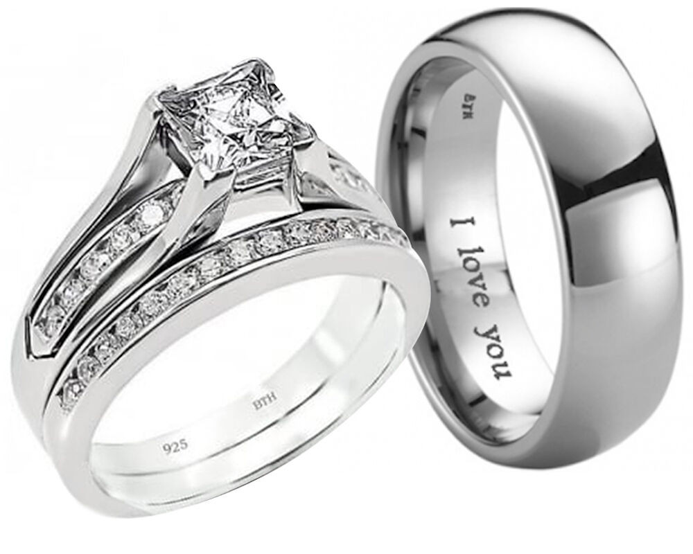 Wedding Bands Sets His And Hers
 New His And Hers Titanium 925 Sterling Silver Wedding