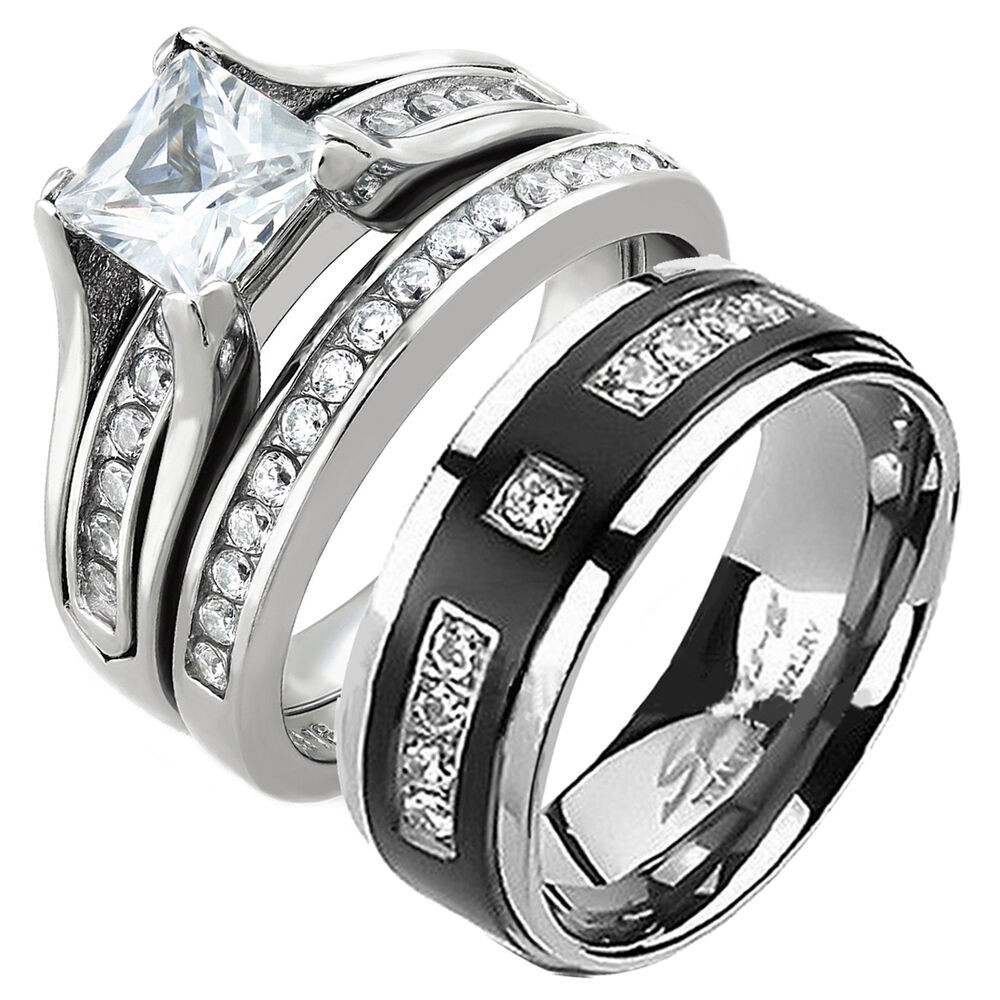 Wedding Bands Sets His And Hers
 His and Hers Stainless Steel Princess Cut Wedding Ring Set