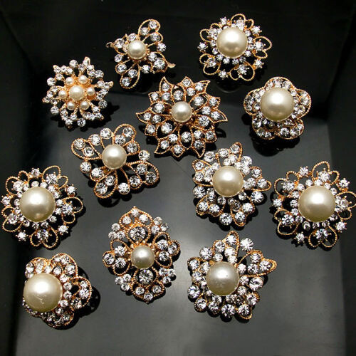 Wedding Brooches
 5 100 Gold Pearl Crystal Brooch Button DIY Bridal Wedding