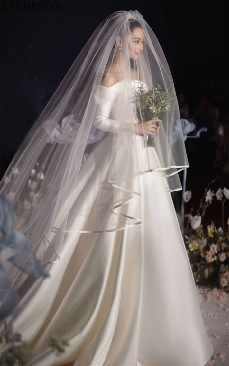 Wedding Dress With Veil
 Women Wedding Dress Veil Two Layers Tulle Ribbon Edge