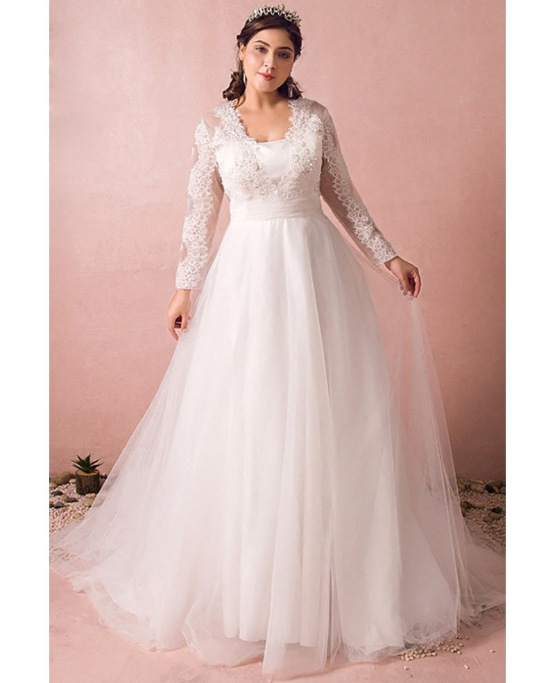 Wedding Dresses Plus Size With Sleeves
 Modest Long Lace Sleeve Plus Size Wedding Dress Tulle