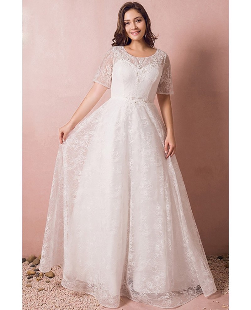 Wedding Dresses Plus Size With Sleeves
 Modest Lace Short Sleeve Plus Size Wedding Dress With